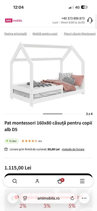 Pat Montessori alb tip casuta din lemn de pin cu dimensiuni 80x160 cm