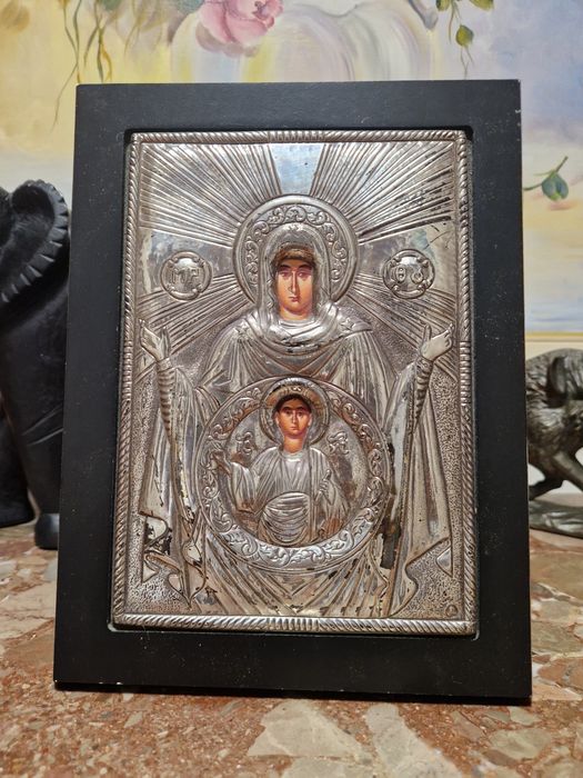 Страхотна антикварна сребърна икона със сертификат