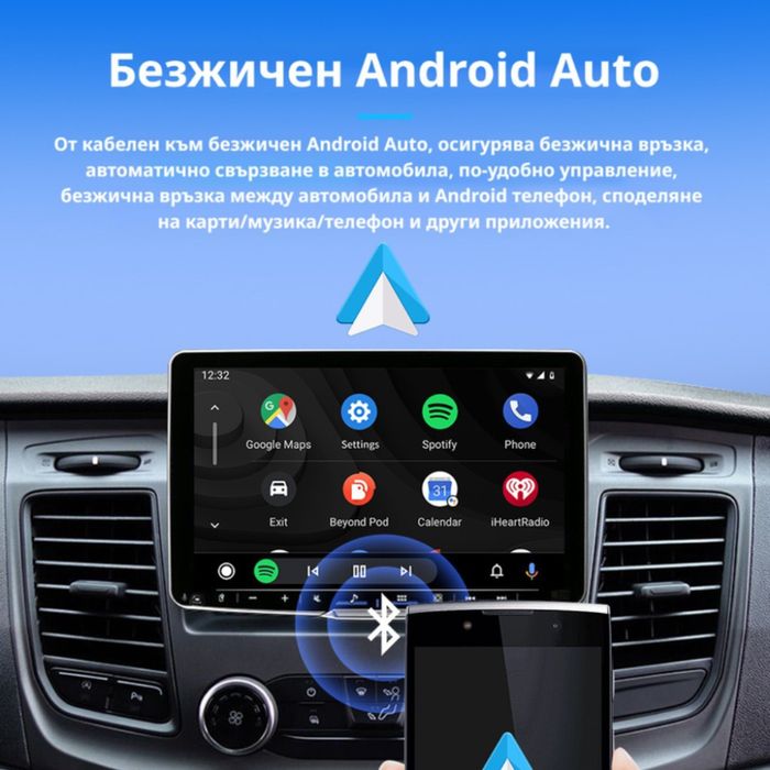 Безжичен адаптер Wireless CarPlay & Android Auto – Plug & Play, Bluetooth 5.0, USB/USB-C
