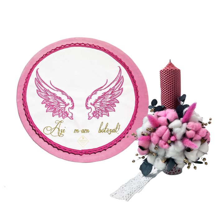 Set elegant trusou botez Gardinea Domain 11 piese lumanare roz