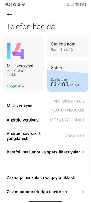 Redmi not 12 xotira 8/128