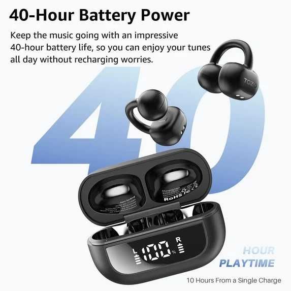 TOZO Леки отворени слушалки с щипка за уши, Bluetooth 5.4 слушалки с AI шумопотискащ микрофон