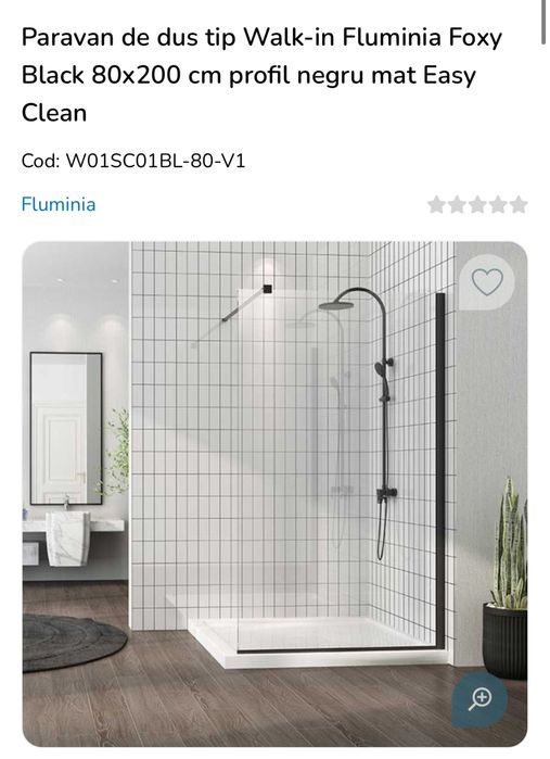 Paravan de duș Walk-In Fluminia Foxy Black 80x200 cm – Nou, sigilat, cu garanție și factură