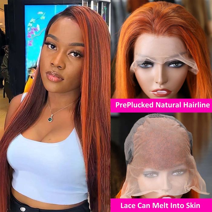 Естествена перука – кестенява с оранжеви кичури, 60 см, дантела 13х6