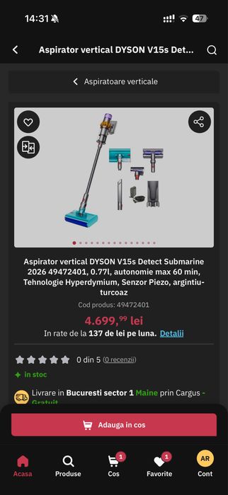 Aspirator Dyson V15s Detect Submarine SV 47 am factura altex