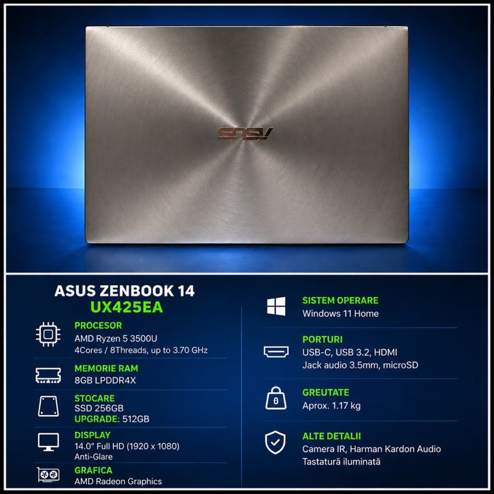 Laptop ultraportabil ASUS Zenbook 14 model UM433DA Ryzen 5 3500u 3.70GHz 8GB DDR4 SSD 512GB - tastatura/touchpad - retroiluminate