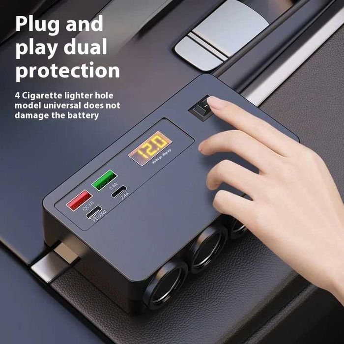 Разклонител за запалка 12V/24V 120W с 4 гнезда USB Type-C и волтметър