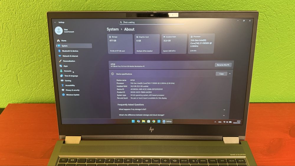 HP ZBook FURY 15" G8, I7 11850H, 32GB RAM, 512GB NVME, RTX A3000 6GB