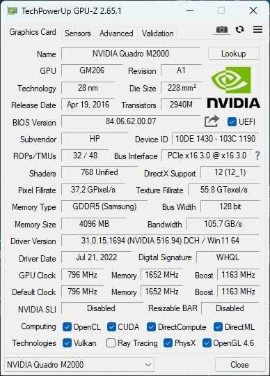 видеокарта Nvidia Quadro M2000 4Gb 128bit, 4096 x 2160/60Hz