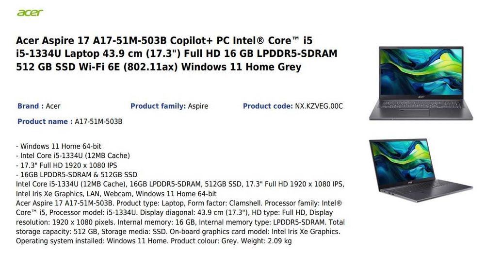 LAPTOP ACER Aspire (2025), 17.3 inch, FHD, i5-1334U, 16+512 GB, Windows 11, nou