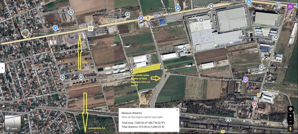 Teren 5000 mp Brănești deschidere 2 drumuri utilități lângă DN3 & A2