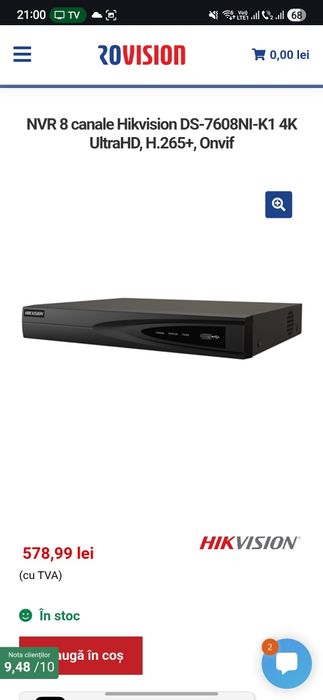 NVR 8 canale Hikvision DS-7608NI-K1 4K UltraHD, H.265+