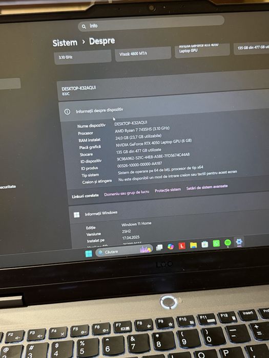 Lenovo LOQ 15, Ryzen 7 7435HS, RTX 4050, 24 GB RAM, SSD 512 GB