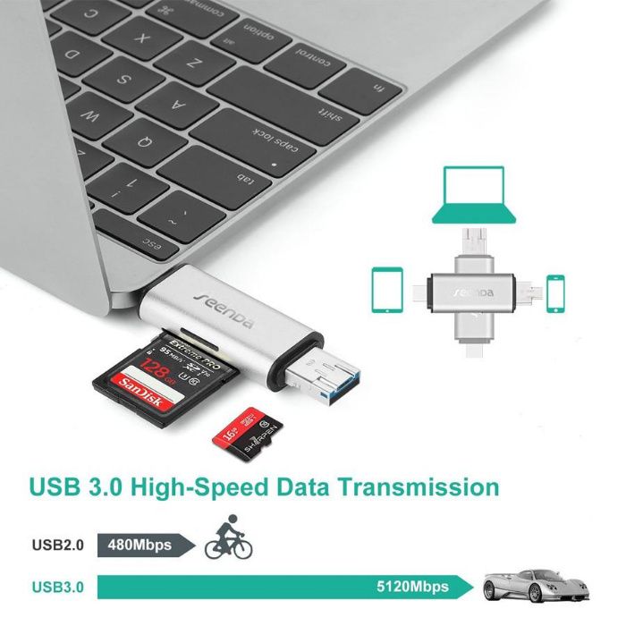 Cititor card micro SD/SD cu USB 3.0 micro USB USB-C pt telefon, laptop