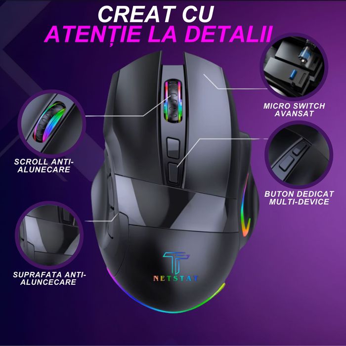 Mouse Gaming NETSTAT,2 Conexiuni BT + 2,4Ghz, RGB, Negru, Nou Sigilat.