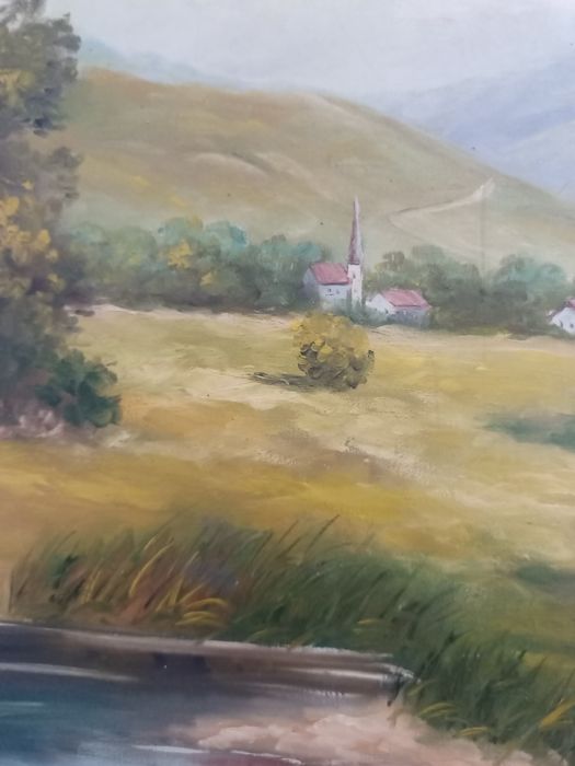 Стара маслена картина "Пейзаж с брези" – 78х59 см | Подписана