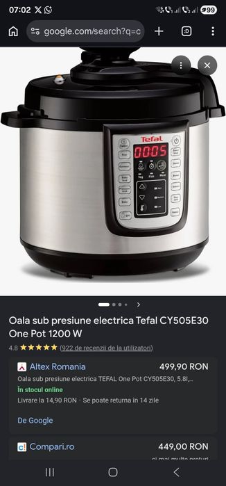 Oala sub presiune electrica TEFAL One Pot CY505E30, 5.8l, 1200W, 25 programe, argintiu-negr