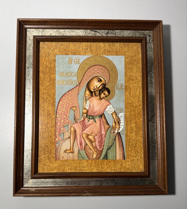 Icoană ortodoxă Maica Domnului Kykkotissa, ramă lemn foiță aur