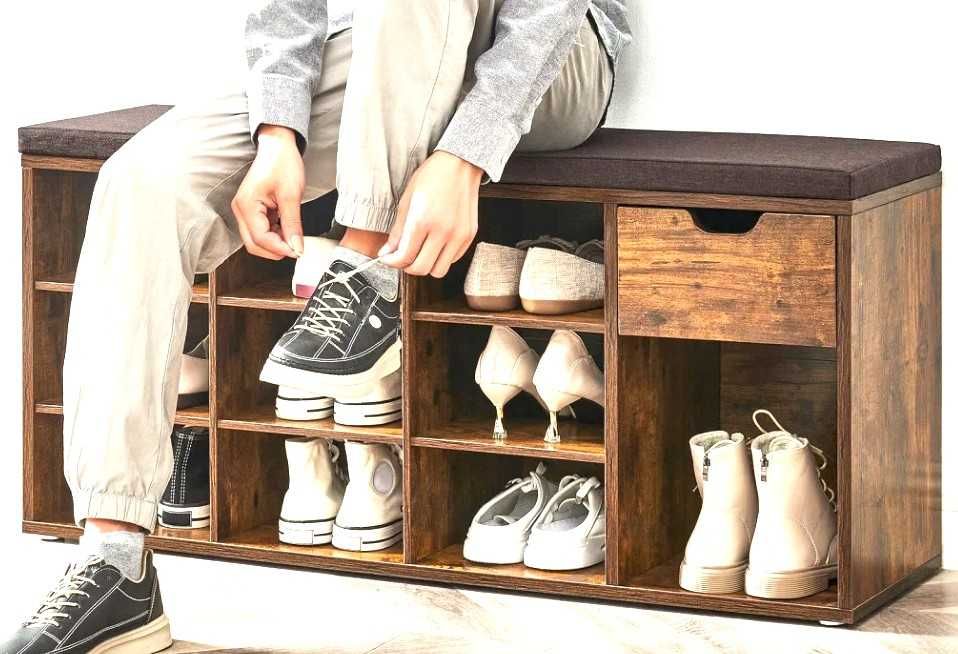 Шкаф за обувки с пейка, сандък с място за съхранение, Vasagle, Кафяв, 104x30.5x48 см