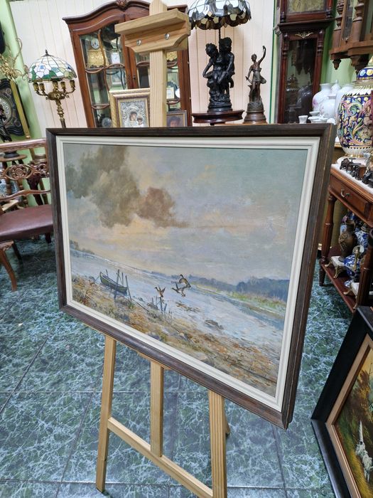 Страхотна антикварна белгийска картина масло върху платно