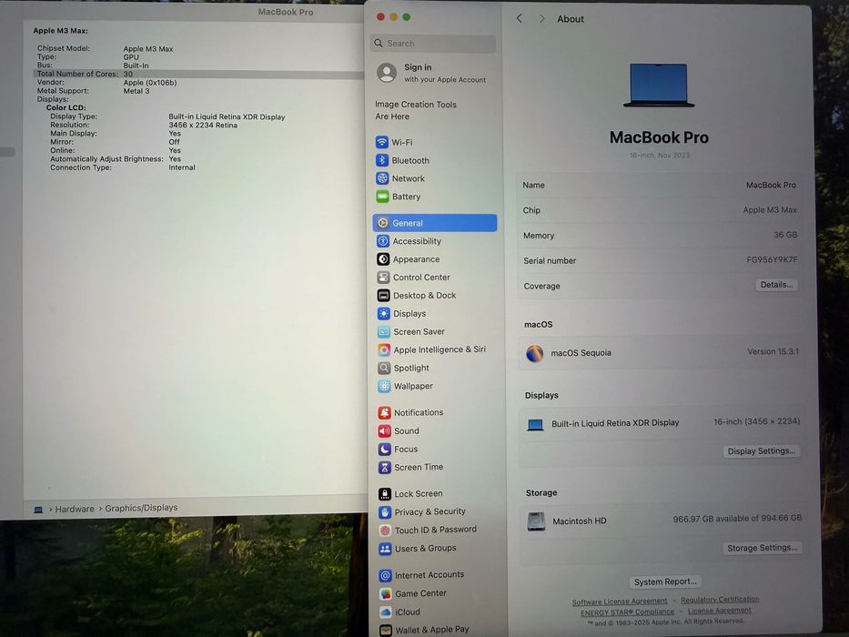 MacBook Pro 16" M3 MAX 14-CPU, 30-GPU, 36GB RAM, 1TB SSD