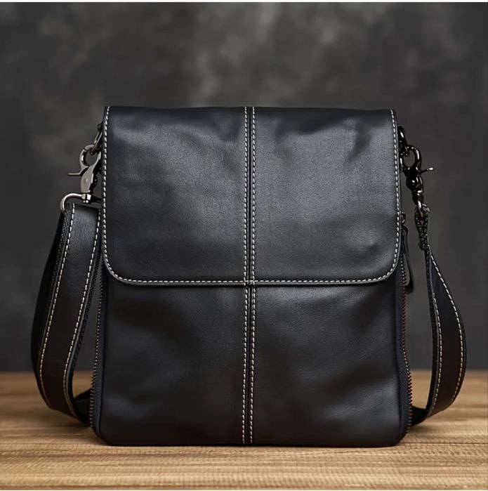 Мъжка луксозна кожена чанта с кръстна инкрустация/Черна -10% Промоция!