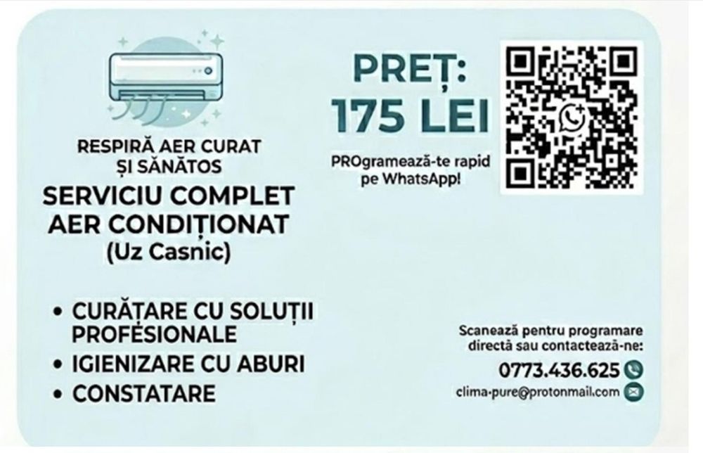 Igienizare profesională aer condiționat 175 lei | Fără mirosuri, fără mucegai!