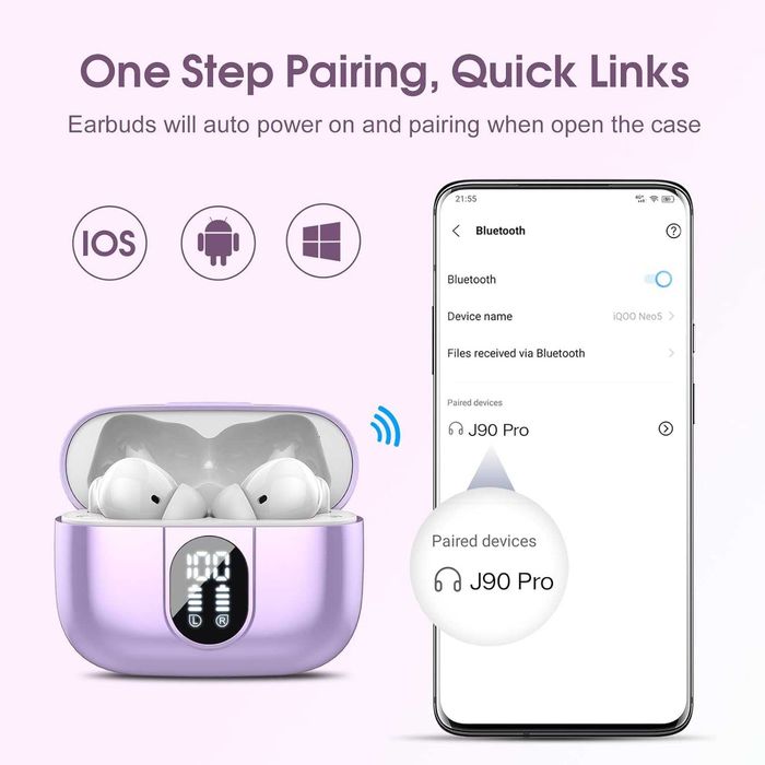 Casti Buetooth Wireless in Ear Csasan J90 PRO Smart Touch Control alb cu violet noi sigilate
