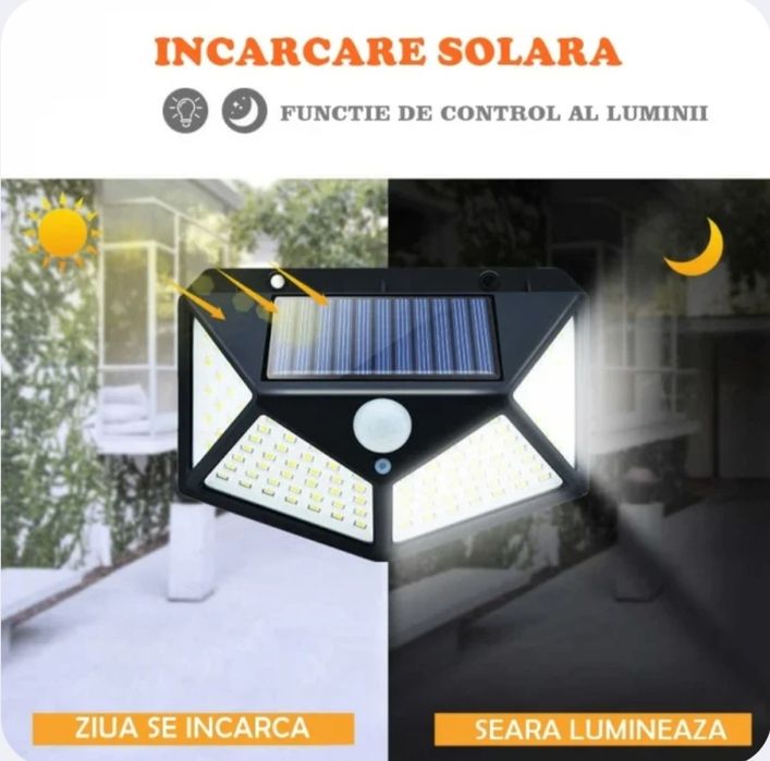 LAMPĂ LED SOLARĂ – 100 LEDURI, senzor de miscare,incarcare solara