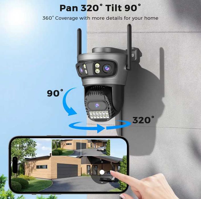 Camera Supraveghere Wifi Rotativa 360° 6K TRIPLĂ 3 zone acoperire
