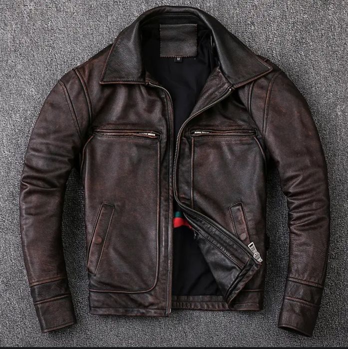 Куртка кожаная из натуральной воловьей кожи, цвет черный, винтажного к