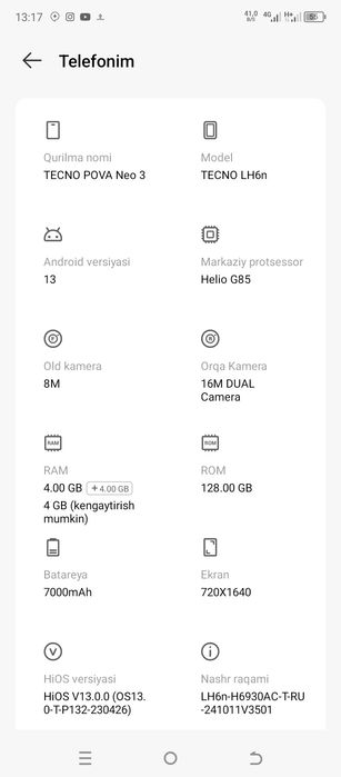 Tecno pova neo3 Xamma narsasi bor