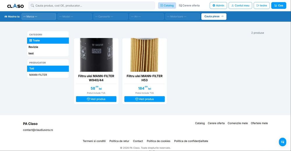 Aplicatie WEB (Site) Piese auto NOI / SH Fara tecdoc
