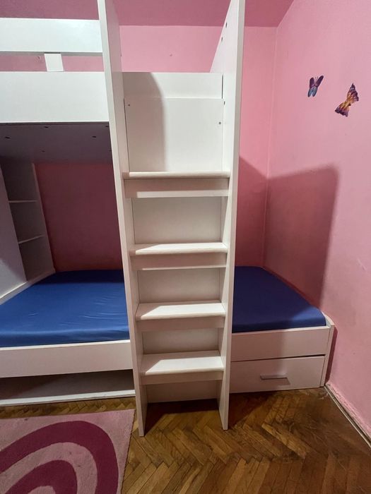 Pat etajat copii cu dulap, etajere și saltele incluse