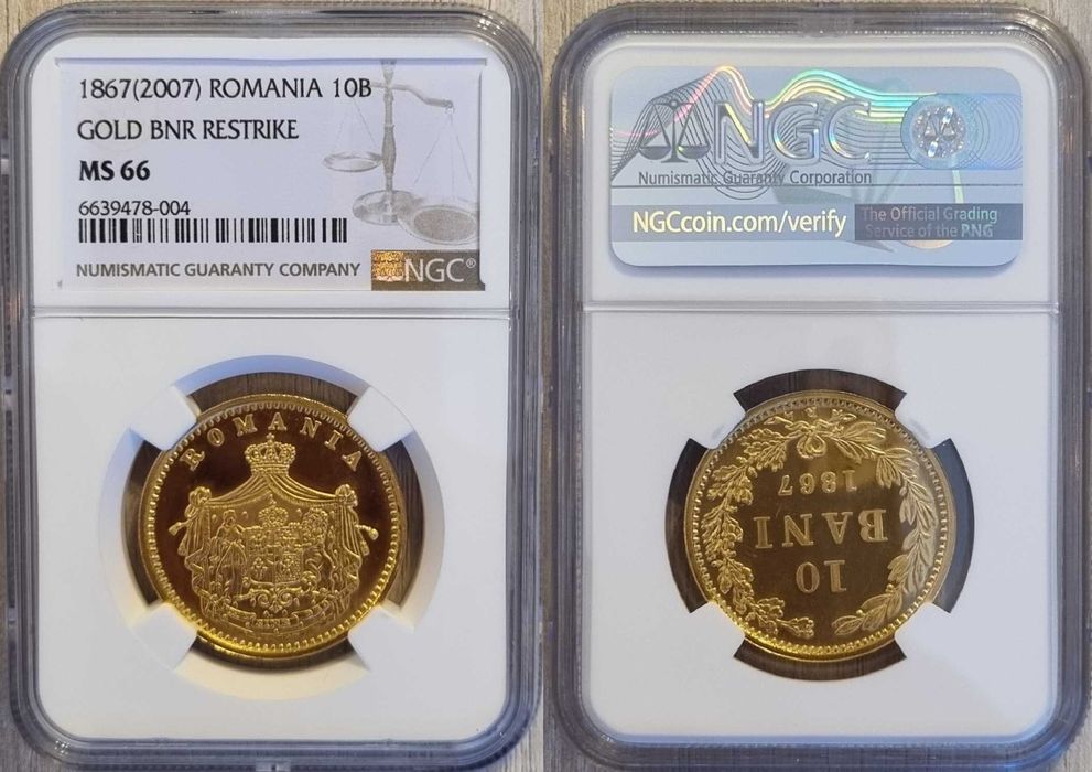 Moneda aur 10 bani 1867, replica BNR 2007, gradata NGC MS 66