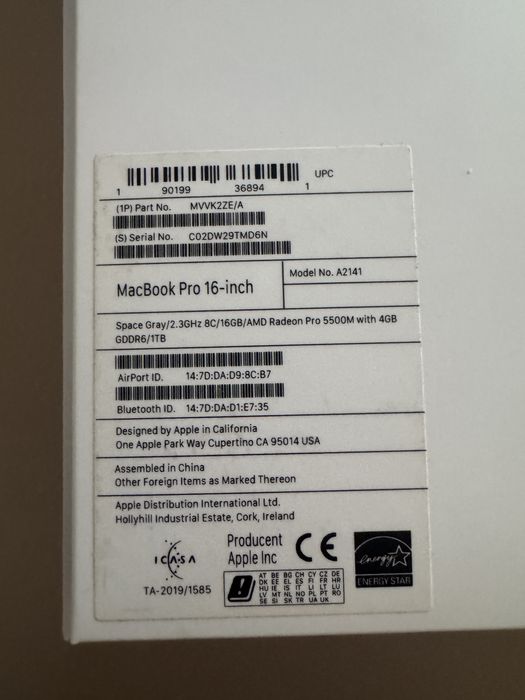 Macbook pro 16 2019 1TB  i9 16gb ram amd radeon pro 5500 4gb