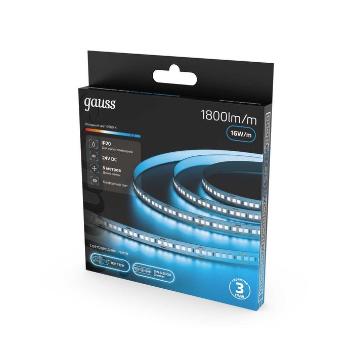 Лента Gauss LED 2835/180 24V 16W/m 1800lm/m 4000K 8mm IP20 5m 1/100
