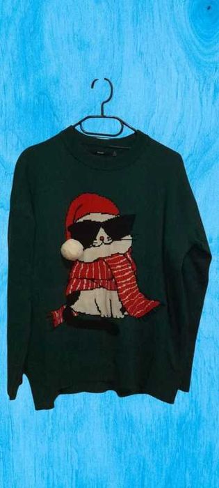 Pulover din acril cu pisica Mos Craciun smechera M/L