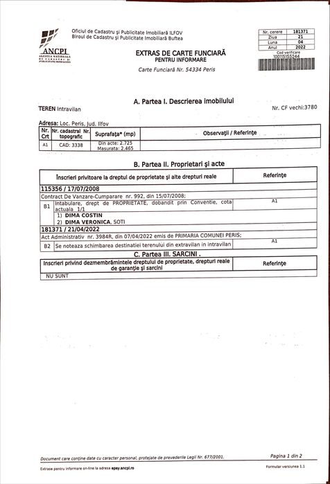 Teren intravilan Ilfov-Periș - două parcele 2465 + 2465 mp