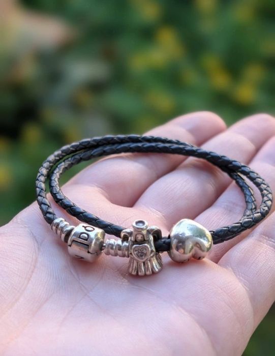Bratara dubla Pandora originala, doua charmuri de argint 925 ALE, inima si inger