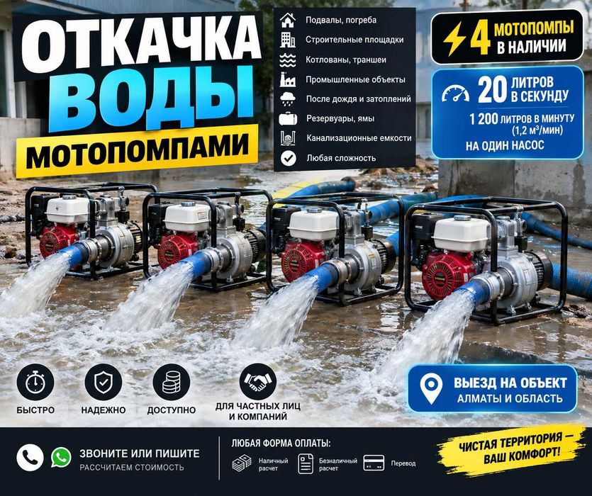 Откачка воды | мотопомпы | откачка затоплений Каскелен