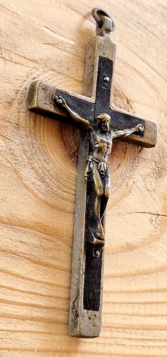 Cruce Crucifix Vechi din Alamă și Abanos