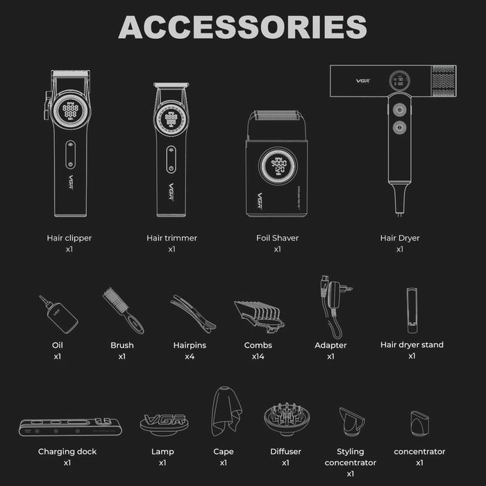 Професионален комплект VGR Stepless 4 в 1 за барбер / фризьори