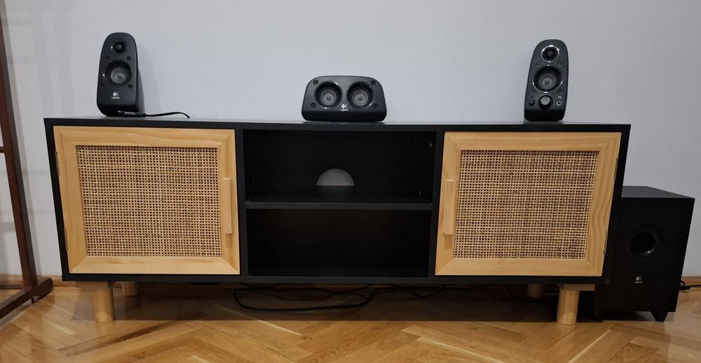 Comoda TV, negru, 105x30x40 cm lemn masiv pin si ratan natural