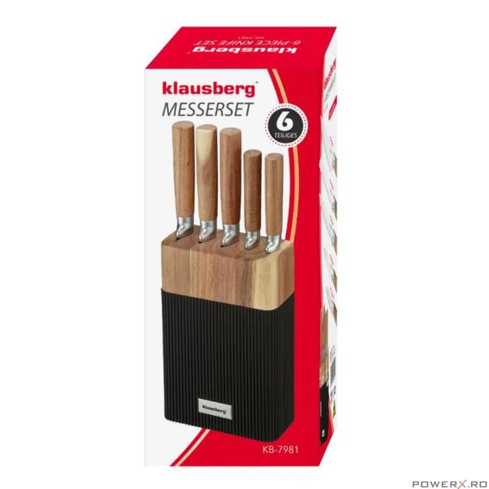 Set de cutite 6 piese, cu bloc de salcam, otel inoxidabil, Klausberg