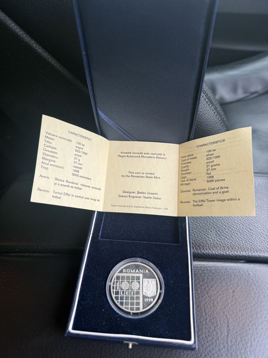 Monedă argint 100 lei 1998 PROOF – Turnul Eiffel în minge de fotbal – tiraj 5000, cu cutie