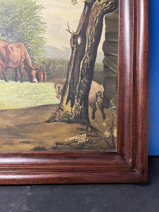 Стара картина/1946 г./-Селски пейзаж с маслени бои на дърво