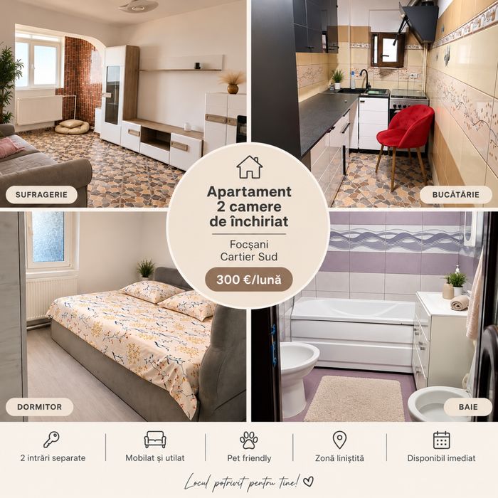 Apartament 2 camere de închiriat- Focșani, cartier Sud — fotografia 1