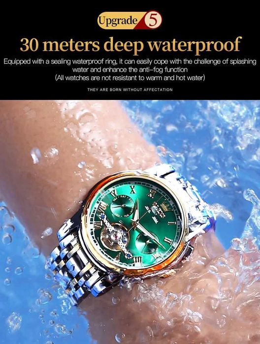 Olevs Хронограф, Автоматik,Скелет,3 ATM,HDСветещ,Мултифункции,Календар