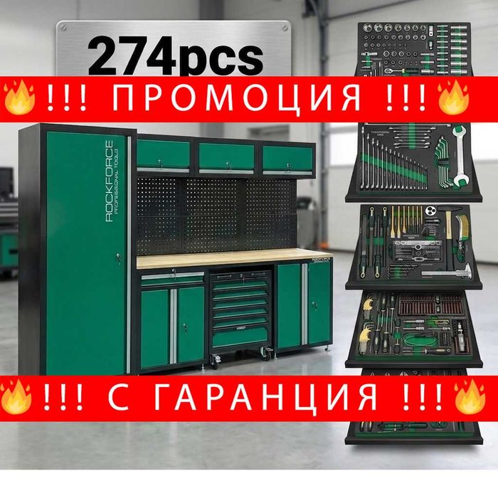 НЕМСКИ Комплект Шкафове С Инструменти ROCKFORCE – Професионална Организация За Работилница И Автосервиз + ЛЕД ФЕНЕР
